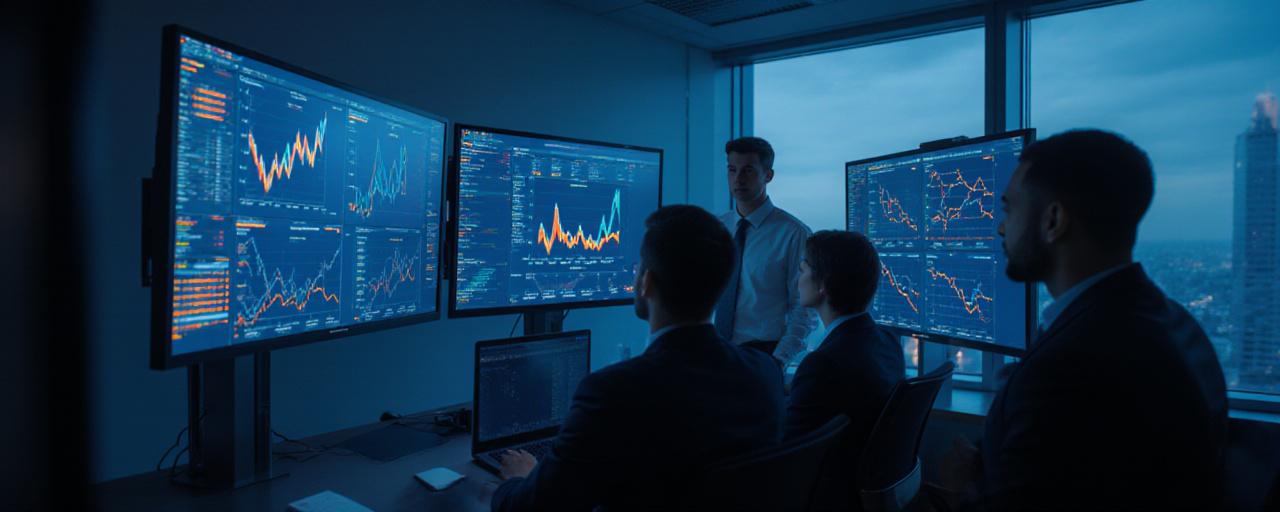 Data analysts reviewing conversion metrics on a large screen in a modern analytical lab